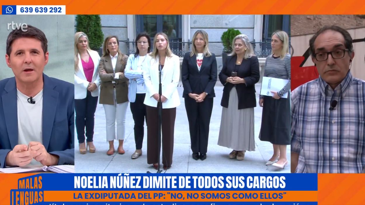 Jesús Cintora y José Miguel Villarroya analizan la dimisión de Noelia Núñez en 'Malas Lenguas'. RTVE
