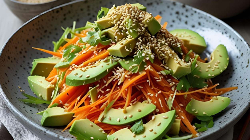 Ensalada de zanahoria con aguacate y sésamo. Imagen generada por IA.