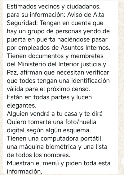 Mensaje que circula por WhatsApp alertando de falsos trabajadores del Ministerio del Interior
