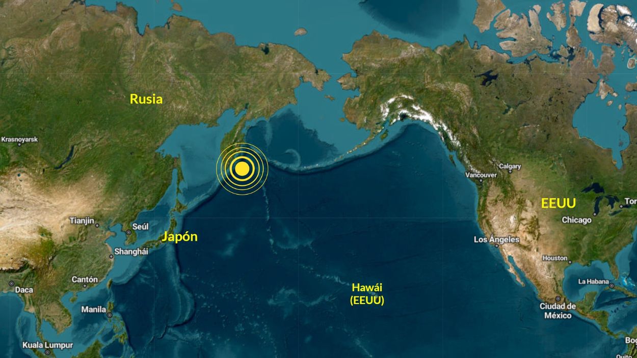 Mapa con localización del epicentro del terremoto de magnitud 8,8 en la escala Richter en la Península de Kamchatka, en Rusia. EP.