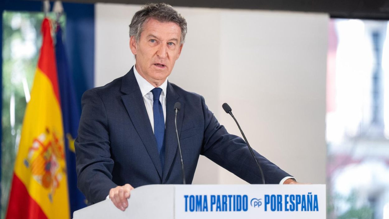 El presidente del PP, Alberto Núñez Feijóo, en su discurso de cierre del curso político desde Génova. PP. 