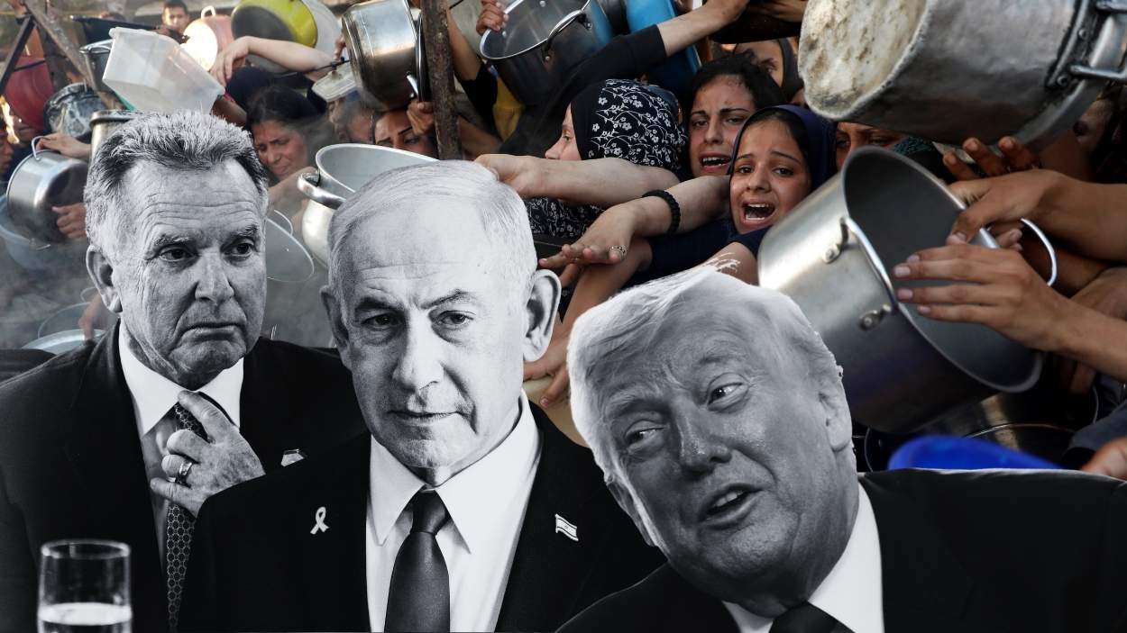 Steve Witkoff, Benjamín Netanyahu, Donald Trump y la hambruna en Gaza. Elaboración propia 