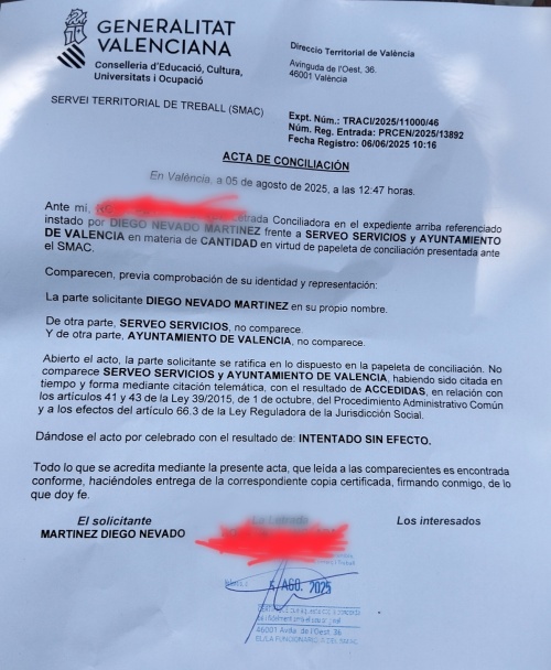 Acto de conciliación de Diego Nevado con el Ayuntamiento de Valencia y la empresa Serveo Acto de conciliación de Diego Nevado con el Ayuntamiento de Valencia y la empresa Serveo