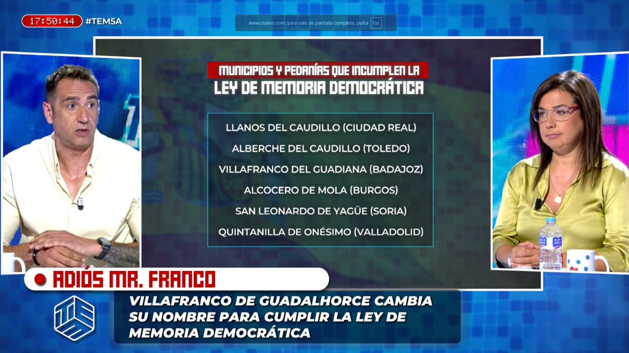 Emilio Delgado y Ana Vázquez debaten en 'Todo es mentira' sobre el cambio de nombre de Villafranco del Guadalhorce. Cuatro
