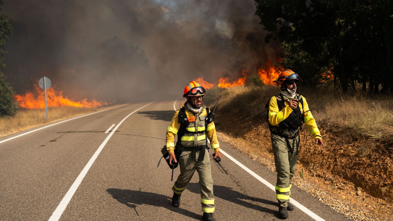 Bomberos trabajan para extinguir el incendio, a 10 de agosto de 2025, en Molezuelas de la Carballeda, Zamora (España). EP.