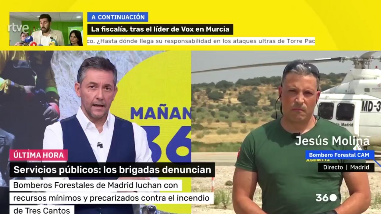 Entrevista con un bombero forestal operando en Tres Cantos (Madrid) en 'Mañaneros 360'. TVE. 