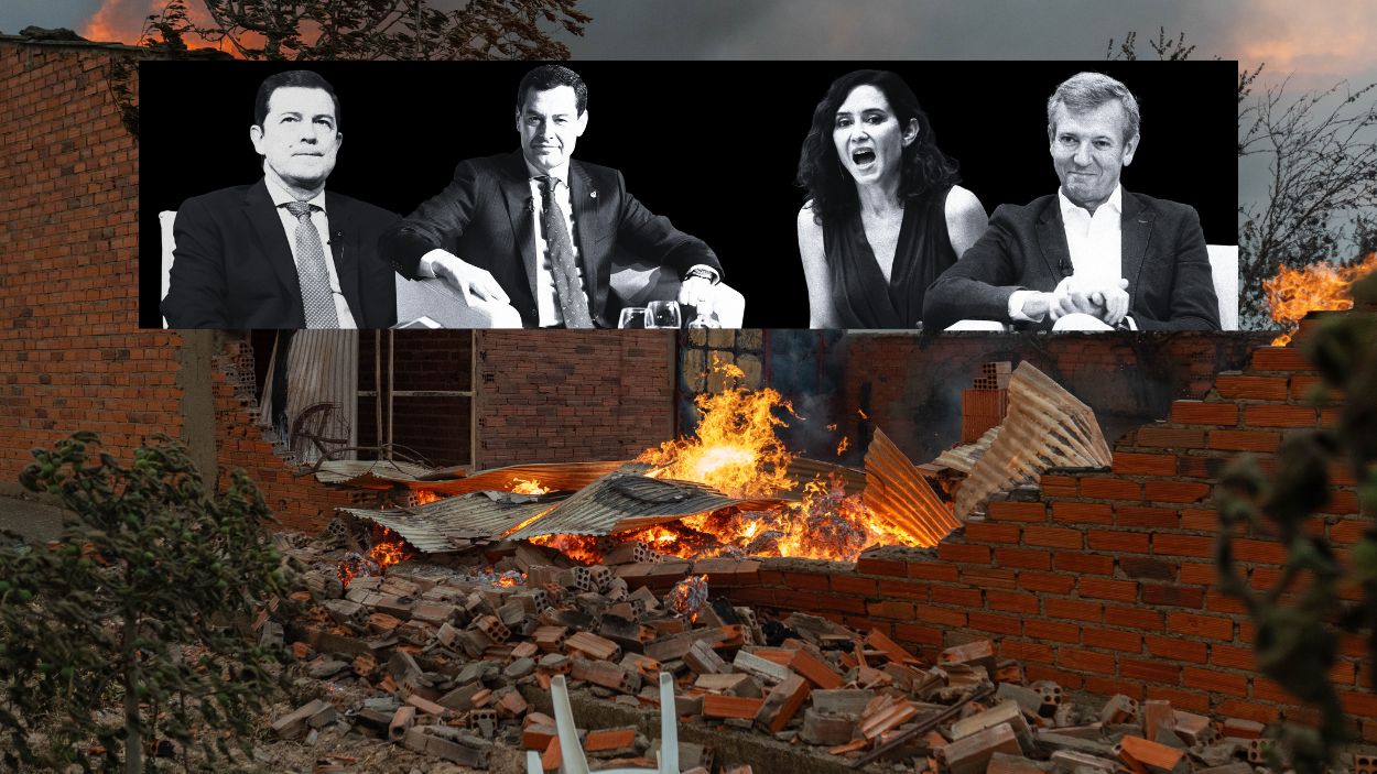 Alfonso Fernández Mañueco, Juan Manuel Moreno Bonilla, Isabel Díaz Ayuso y Alfonso Rueda frente a un incendio. Elaboración Propia.