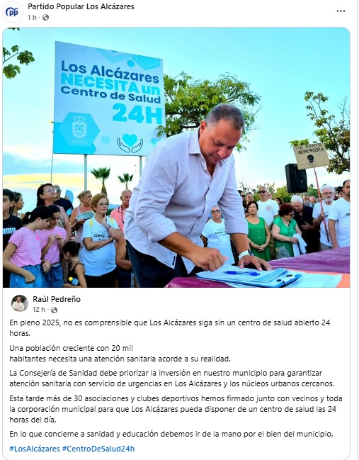 PP Los Alcázares sobre apertura 24 hroas del centro de salud