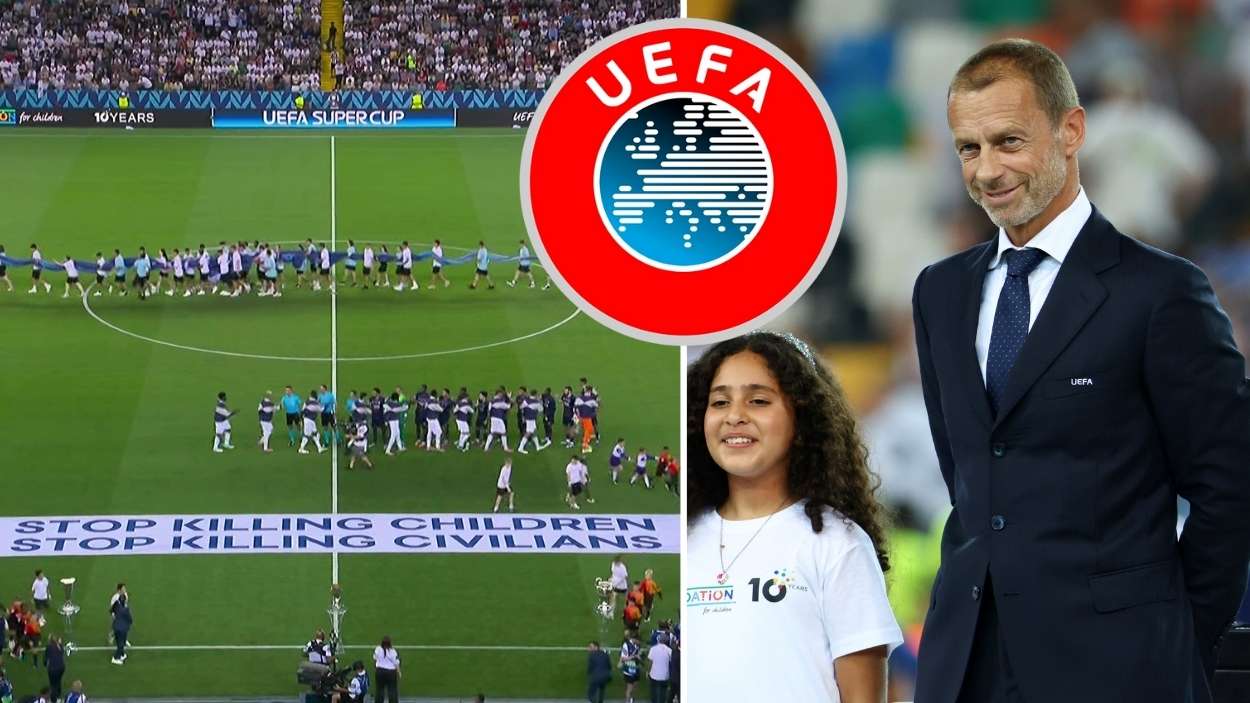 La doble moral de la UEFA: pancartas contra el "asesinato de niños", mientras mantiene a Israel en sus competiciones. Montaje de elaboración propia