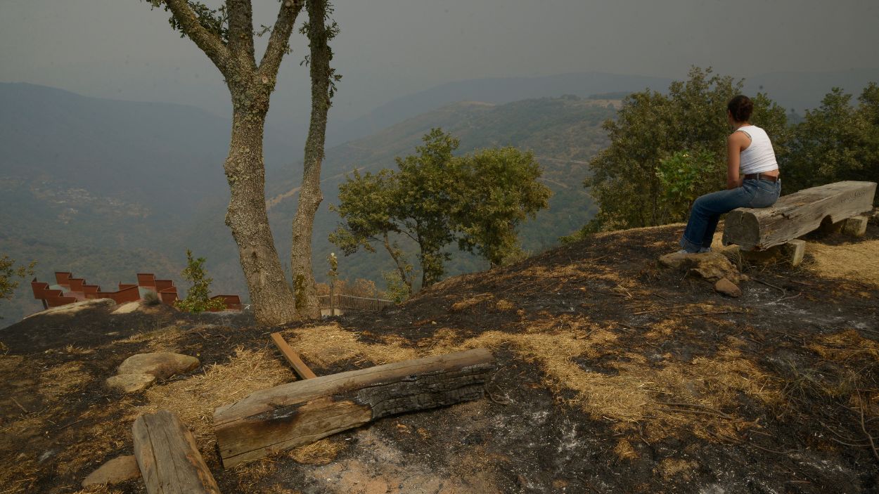 Varios vecinos observan sus fincas tras el paso del fuego en Somoza, Pobra de Trives, Ourense. EP.