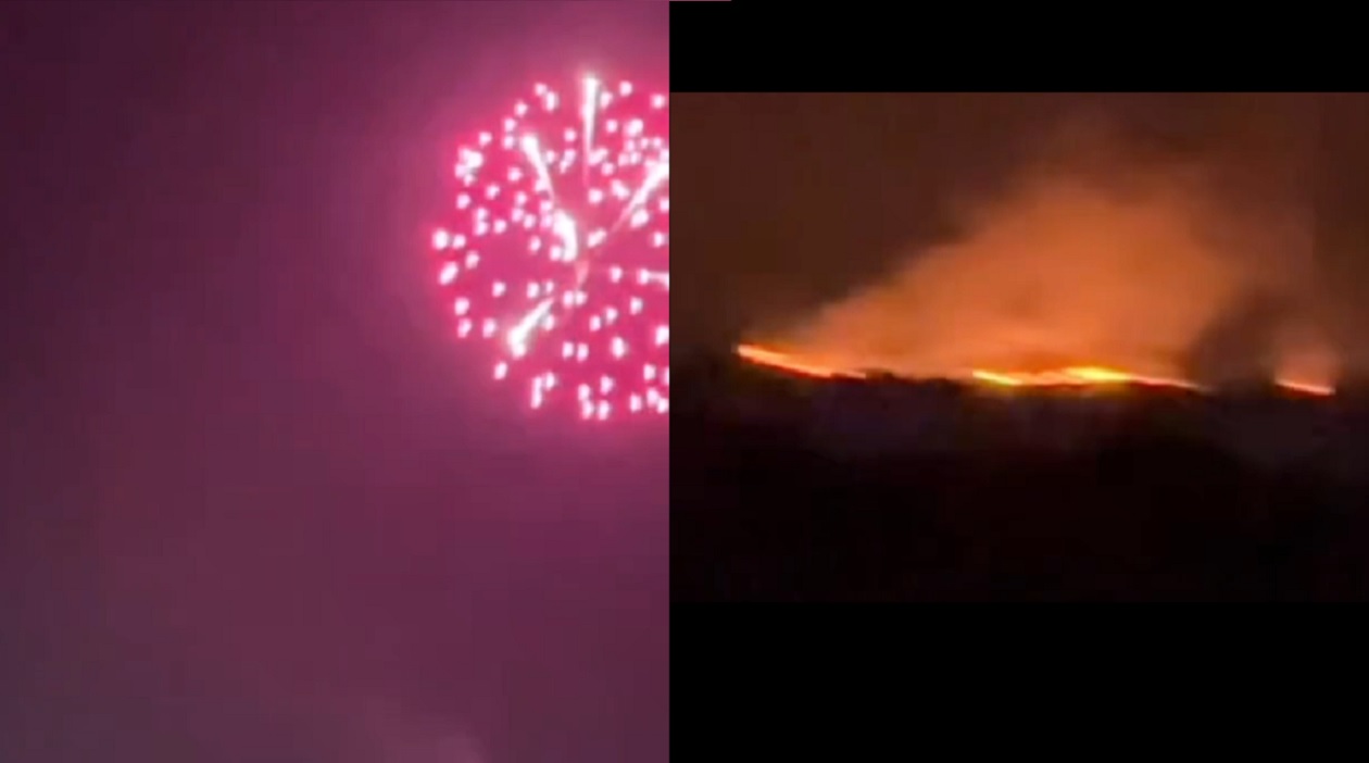 Imágenes del vídeo en el que puede verse el espectáculo de fuegos artificiales y, a escasos kilómetros, los incendios forestales. X