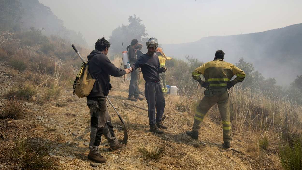 Varios bomberos forestales tratan de extinguir el fuego en Palacios de Compludo, León. EP