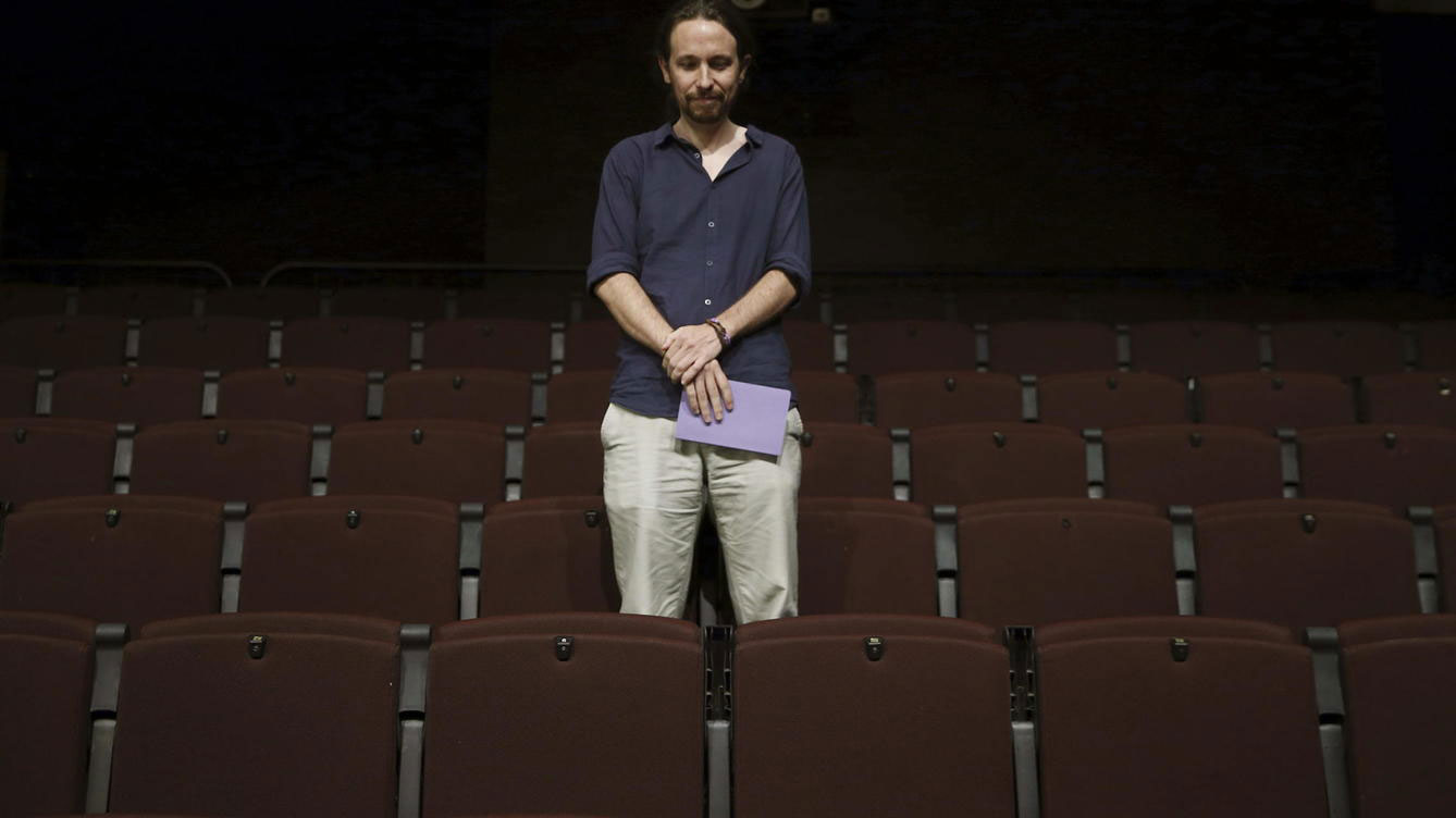 El líder de Podemos, Pablo Iglesias, durante la presentación de su candidatura a la Presidencia del Gobierno