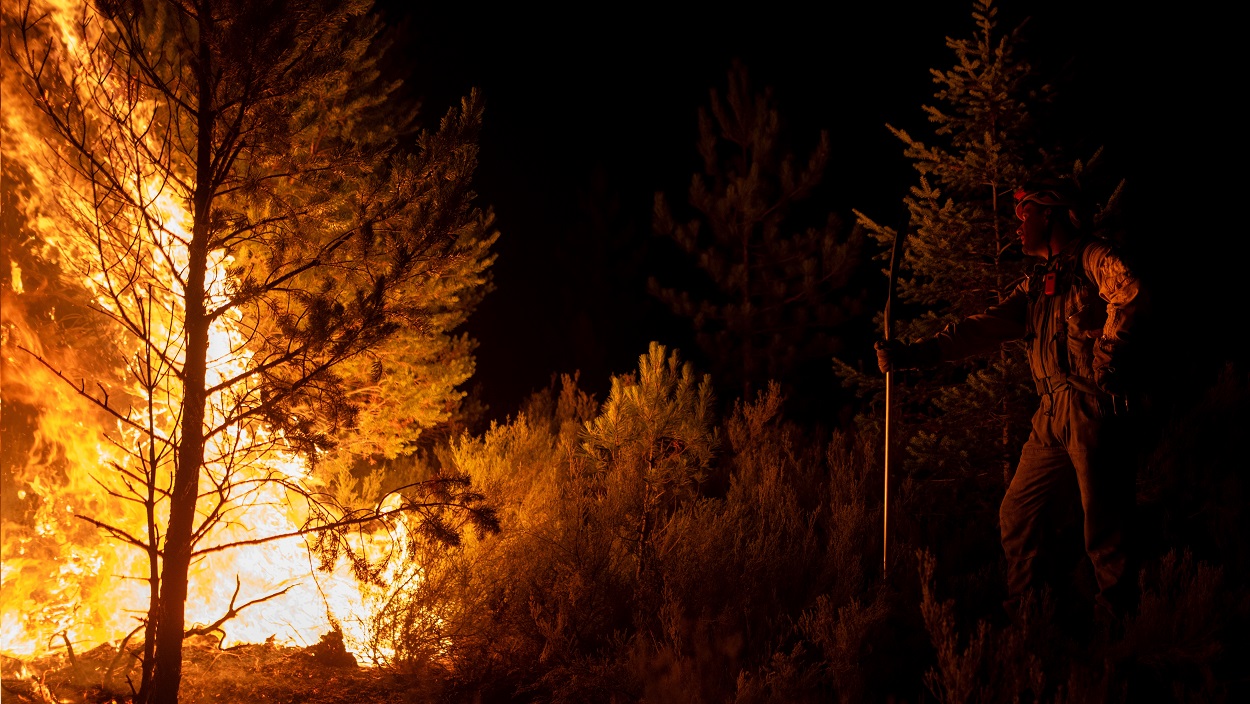Un bombero forestal trata de extinguir el fuego, a 22 de agosto de 2025, en Argayo, León, Castilla y León (España). EP