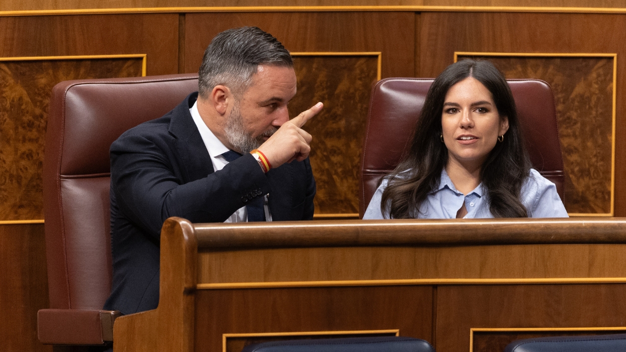 El líder de Vox, Santiago Abascal, y la portavoz de Vox en el Congreso, Pepa Millán. EP