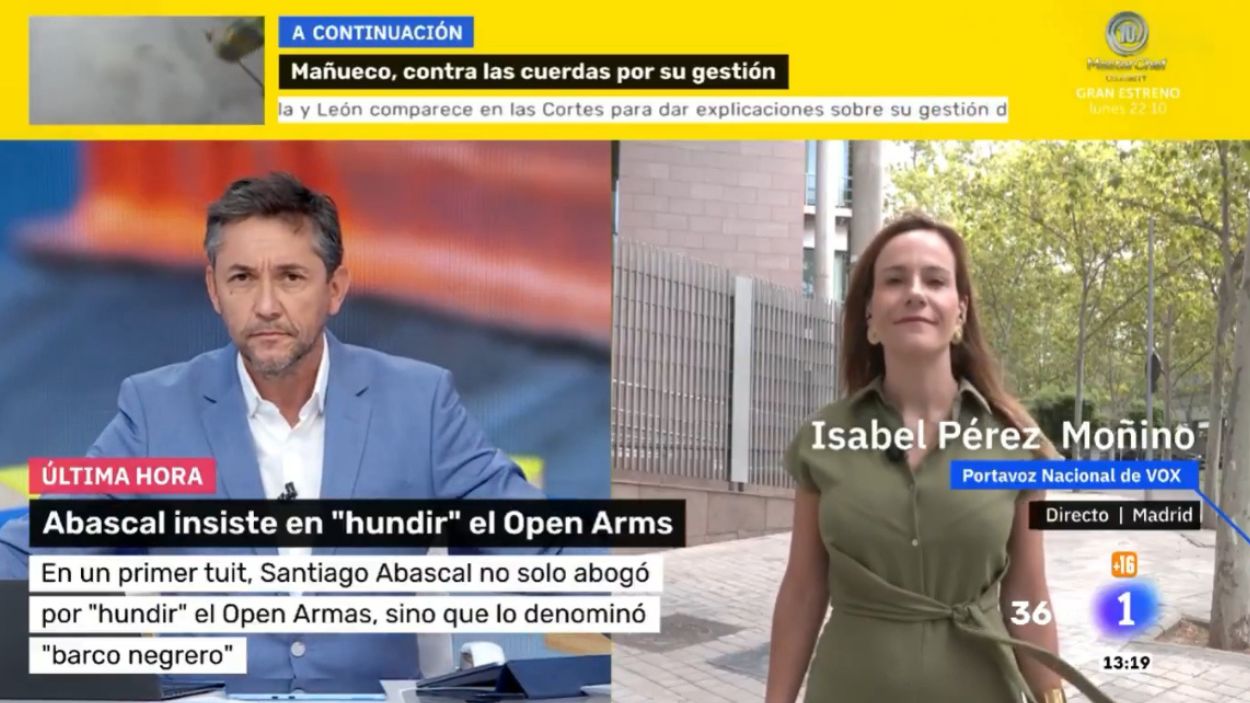 El periodista Javier Ruiz y la portavoz nacional de Vox, Isabel Pérez Moñino. Mañaneros 360.
