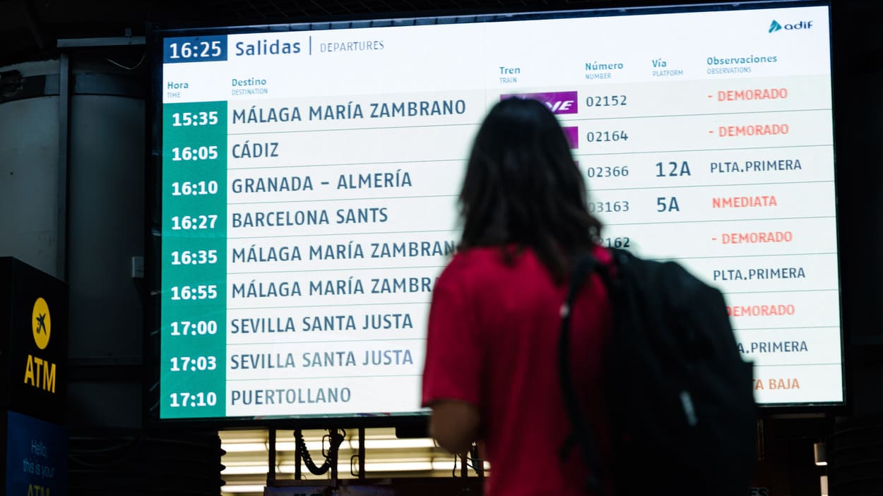 Una persona observa una pantalla informativa en la Estación de Madrid - Puerta de Atocha - Almudena Grandes. EP.