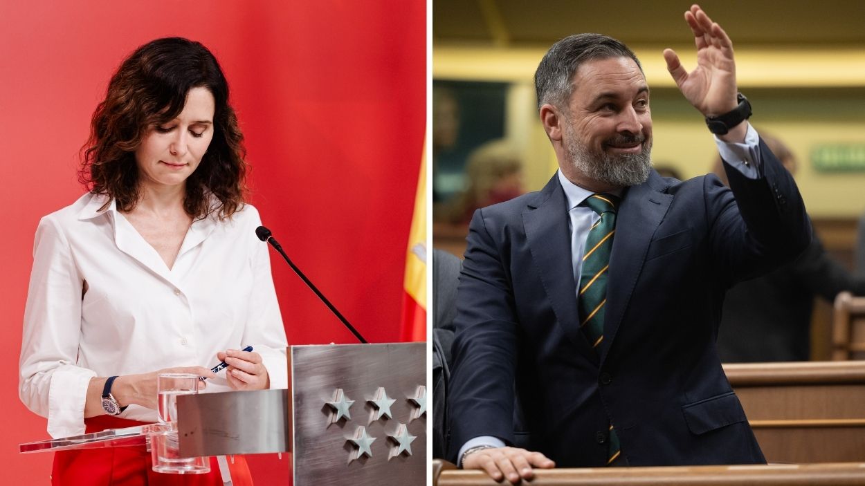 La presidenta de la Comunidad de Madrid, Isabel Díaz Ayuso y  el líder de Vox, Santiago Abascal. EP.