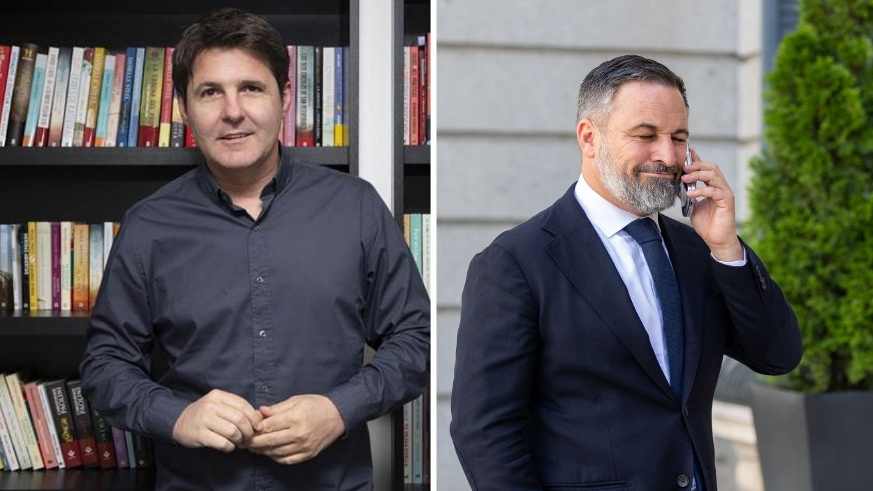 El periodista Jesús Cintora y el líder de Vox, Santiago Abascal. EP.