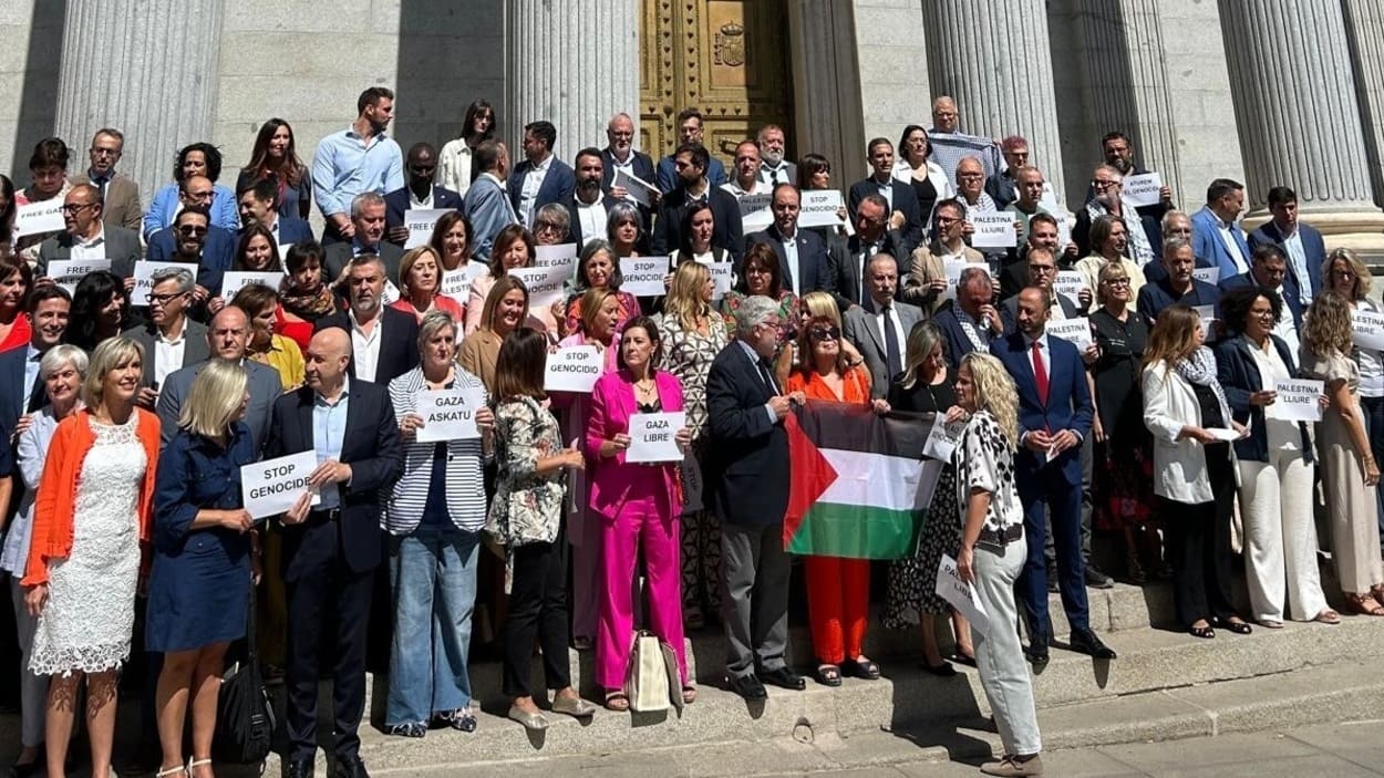 El PSOE y sus socios se concentran en el Congreso para protestar contra el "genocidio" en Gaza. EP.