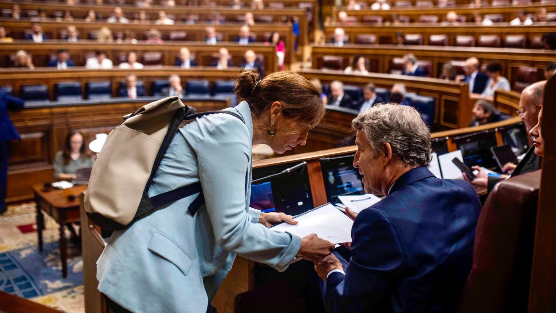 La ministra de Sanidad, Mónica García, le entrega un informe sobre Gaza al presidente del PP, Alberto Núñez Feijóo, en el Congreso. Imagen: 'X' de Mónica García.