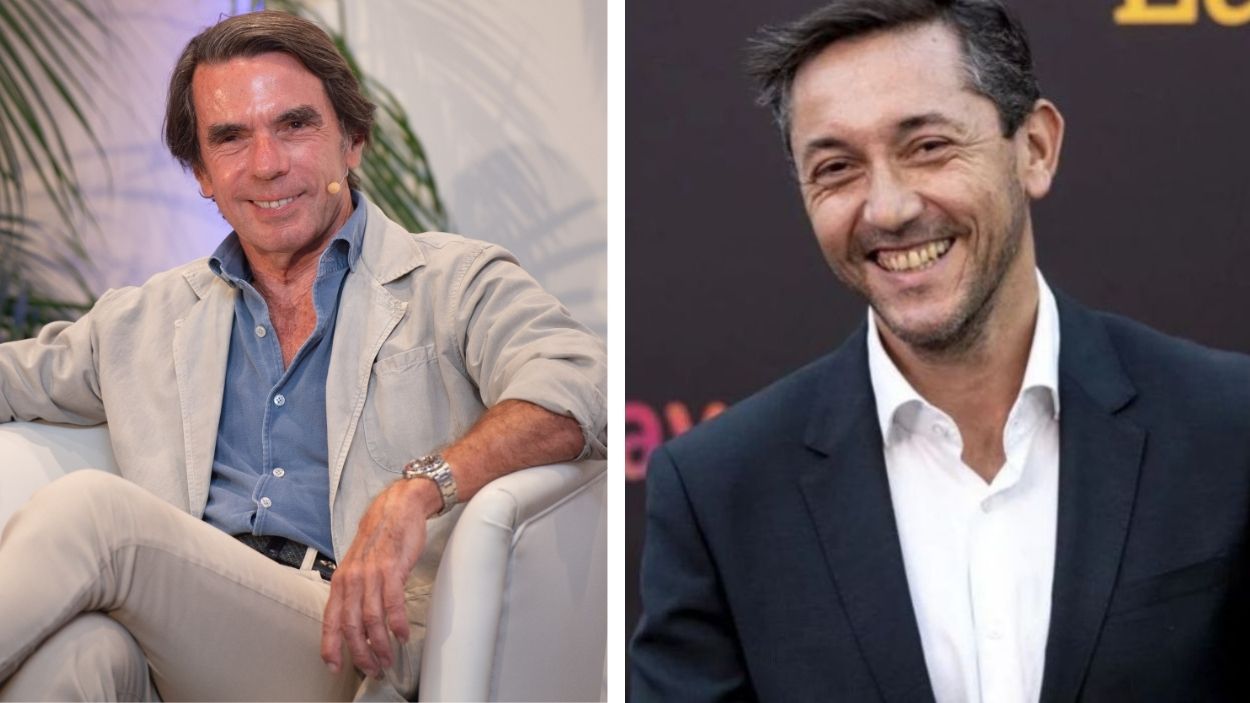 El expresidente de Gobierno José María Aznar y el presentador, Javier Ruiz. EP.