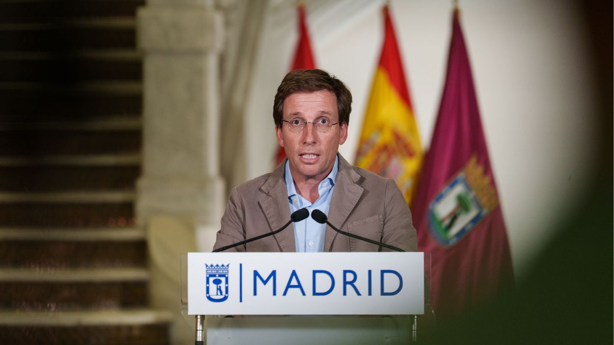 Declaración institucional del alcalde de Madrid, José Luis Martínez Almeida, en el Palacio de Cibeles. EP.
