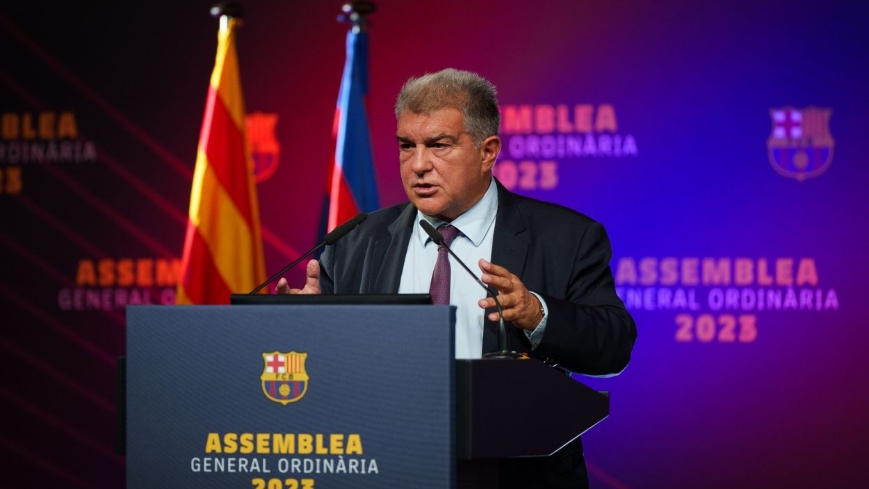El presidente del FC Barcelona, Joan Laporta, durante una comparecencia ante la prensa. EP