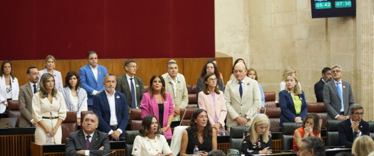 Moreno Bonilla, "retratado" al quedarse sentado junto a Vox en el minuto de silencio propuesto por el PSOE-A para condenar el genocidio en Gaza