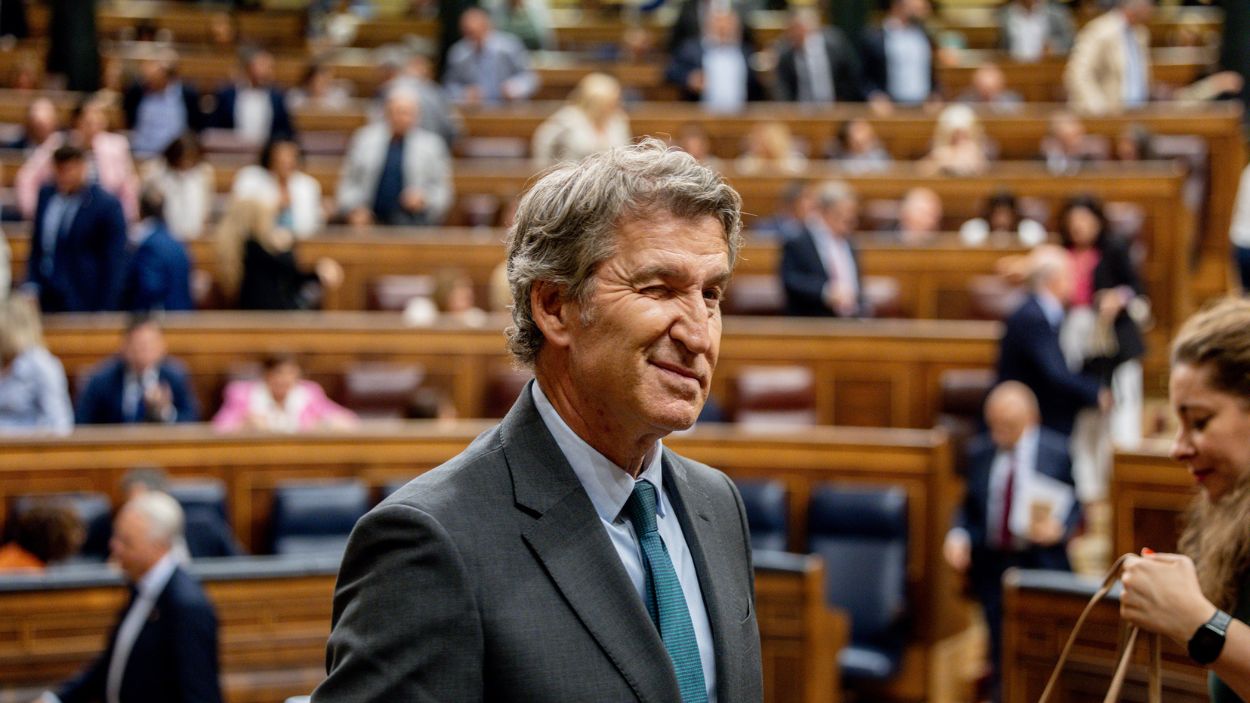 El presidente del Partido Popular y líder de la oposición, Alberto Núñez Feijóo, en el Congreso de los Diputados. EP.