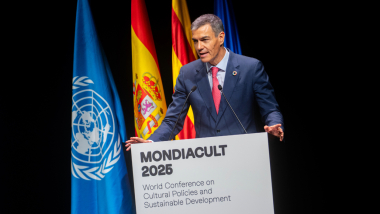 El presidente del Gobierno de España, Pedro Sánchez, en el acto de inauguración del Mondiacult 2025 en Barcelona. Lorena Sopêna / EP