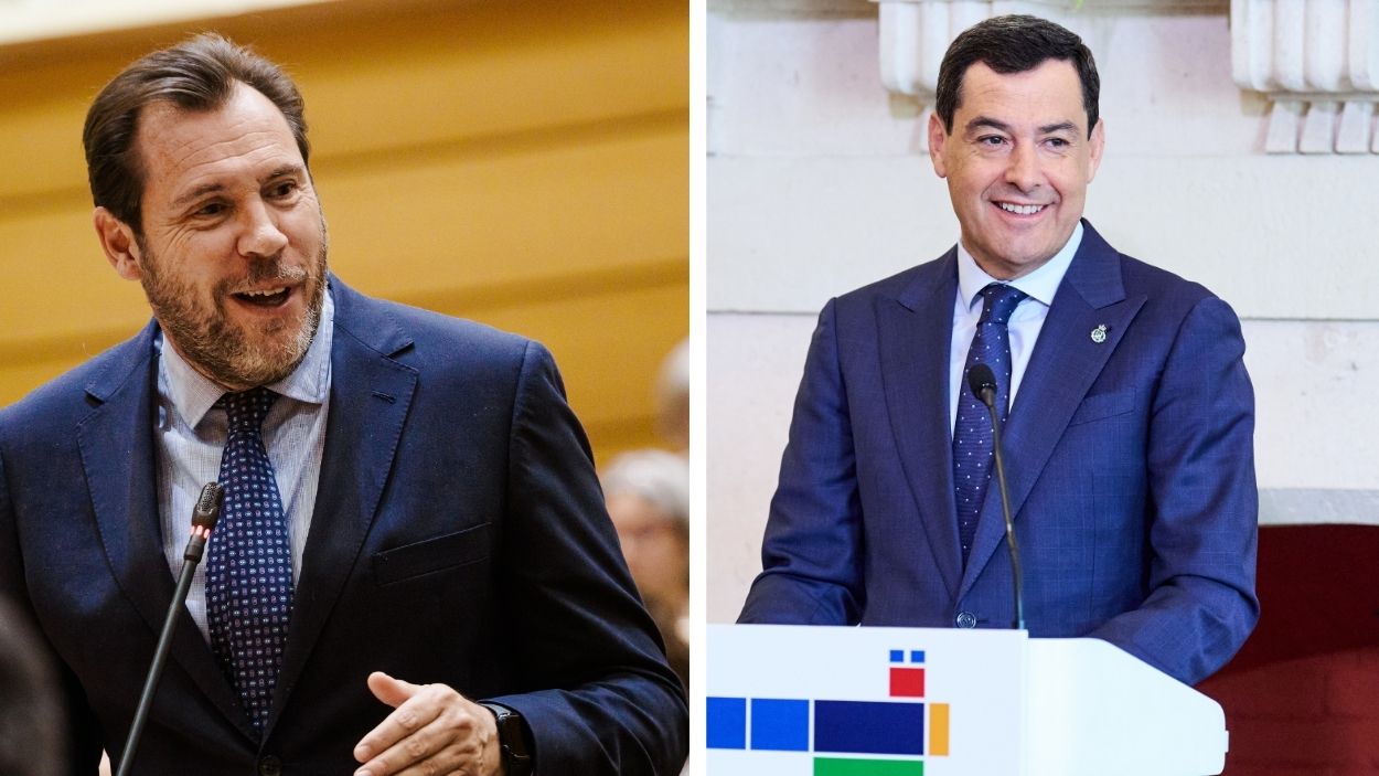 El ministro de Transportes y Movilidad Sostenible, Óscar Puente y el presidente de la Junta de Andalucía, Juanma Moreno. EP.