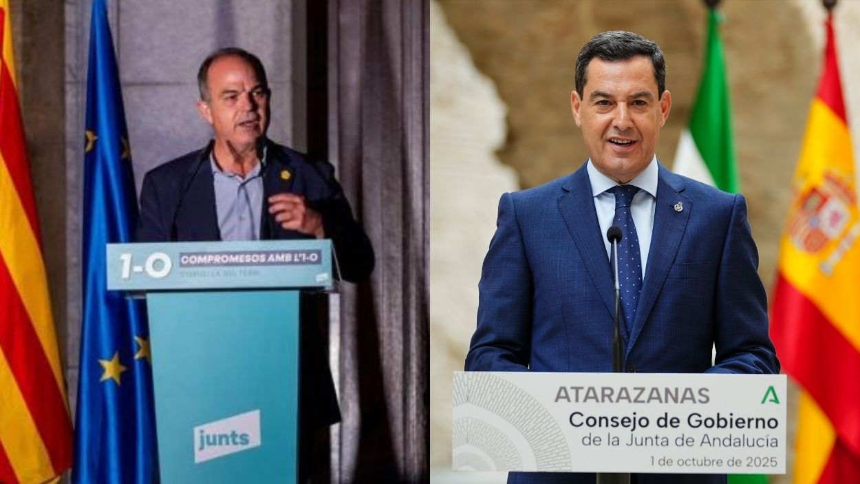 Secretario general de Junts, Jordi Turrull, y el presidente de la Junta de Andalucía, Moreno Bonilla