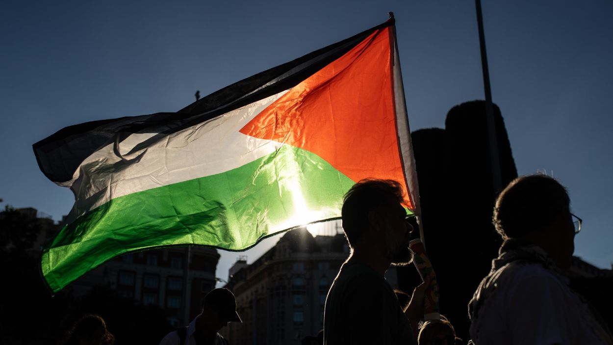 Un hombre ondea la bandera palestina en una manifestación en Madrid. EP.