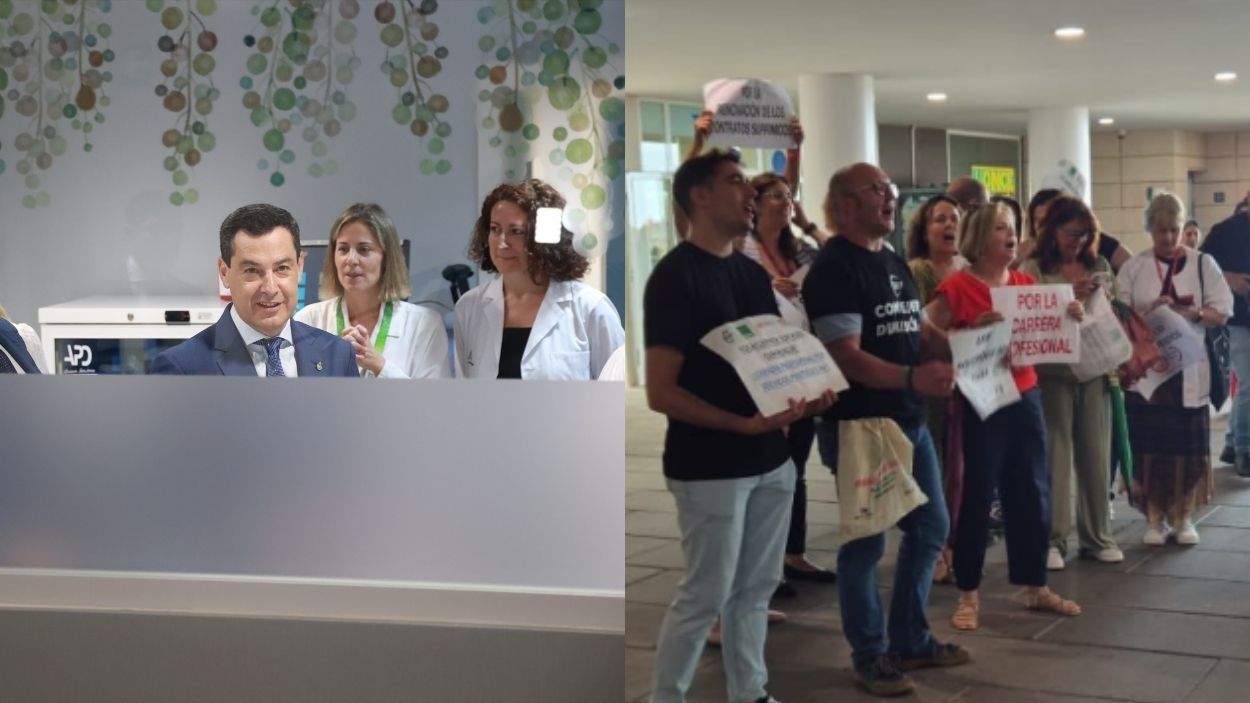 Moreno Bonilla en una visita a un hospital / grupo de manifestantes en el hospital Torrecárdenas (Almería)