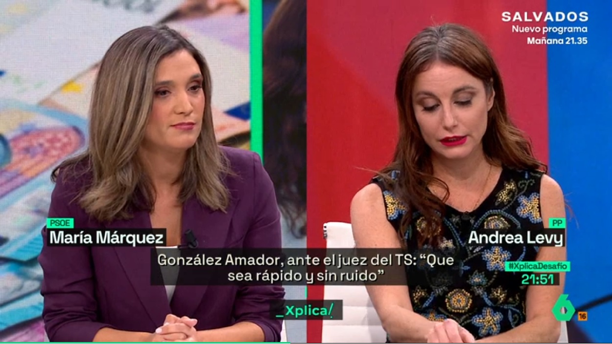 La vicesecretaria de Estudios del Partido Popular, Andrea Levy, junto a María Márquez en laSexta Xplica.
