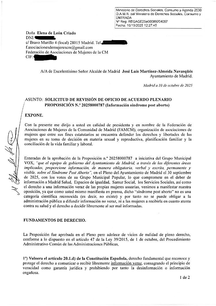Carta de FAMCM al alcalde de Madrid por el acuerdo con Vox sobre el aborto Carta de FAMCM al alcalde de Madrid por el acuerdo con Vox sobre el aborto