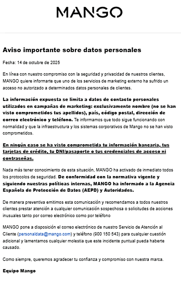 Carta de Mango a sus clientes tras el ciberataque sufrido Carta de Mango a sus clientes tras el ciberataque sufrido