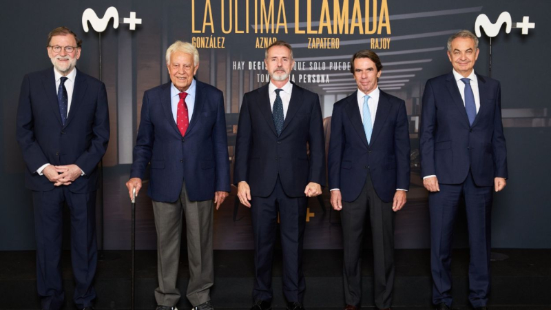 Rajoy, González, Aznar y Zapatero con el presidente de Telefónica, Marc Murtra. MOVISTAR PLUS+ Rajoy, González, Aznar y Zapatero con el presidente de Telefónica, Marc Murtra. MOVISTAR PLUS+