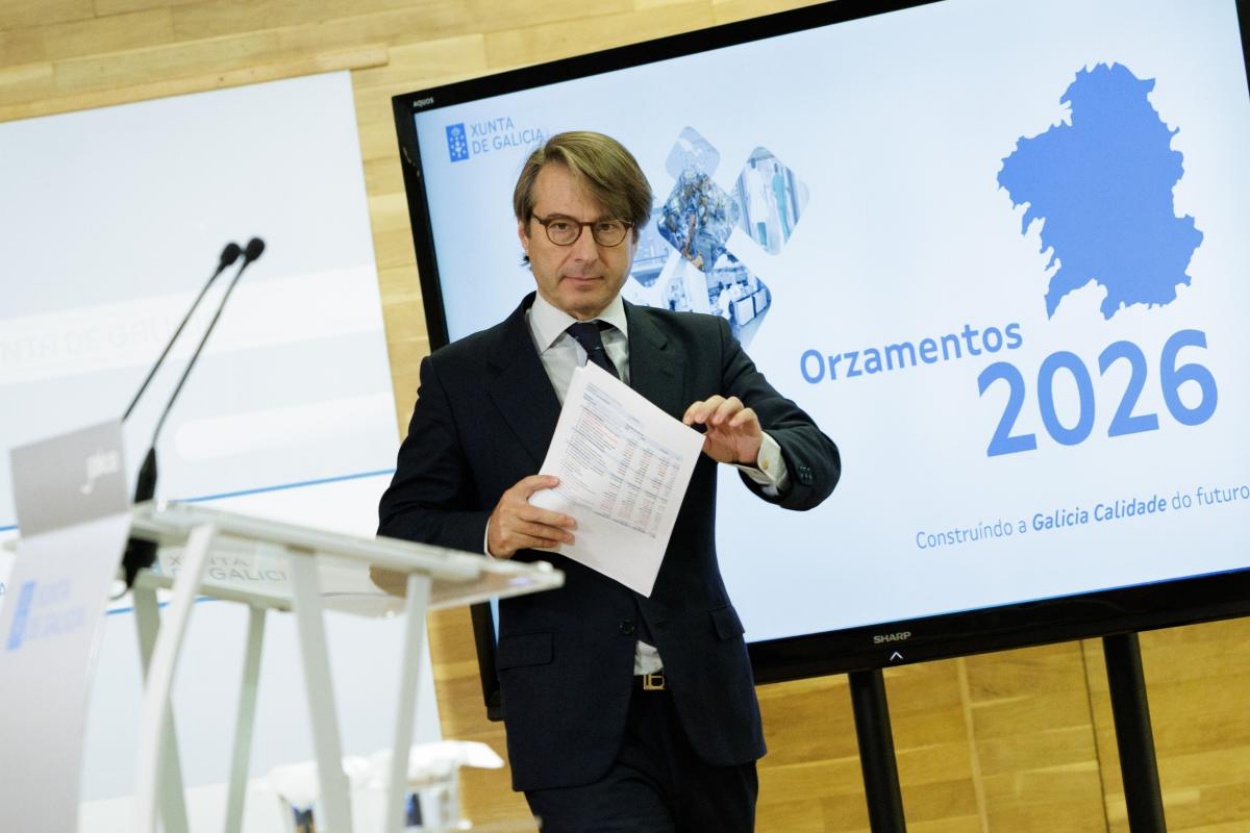 El conselleiro de Facenda, Miguel Corgos, durante la presentación el pasado viernes de las cuentas del Gobierno gallego para 2026 (Foto: Xunta de Galicia).