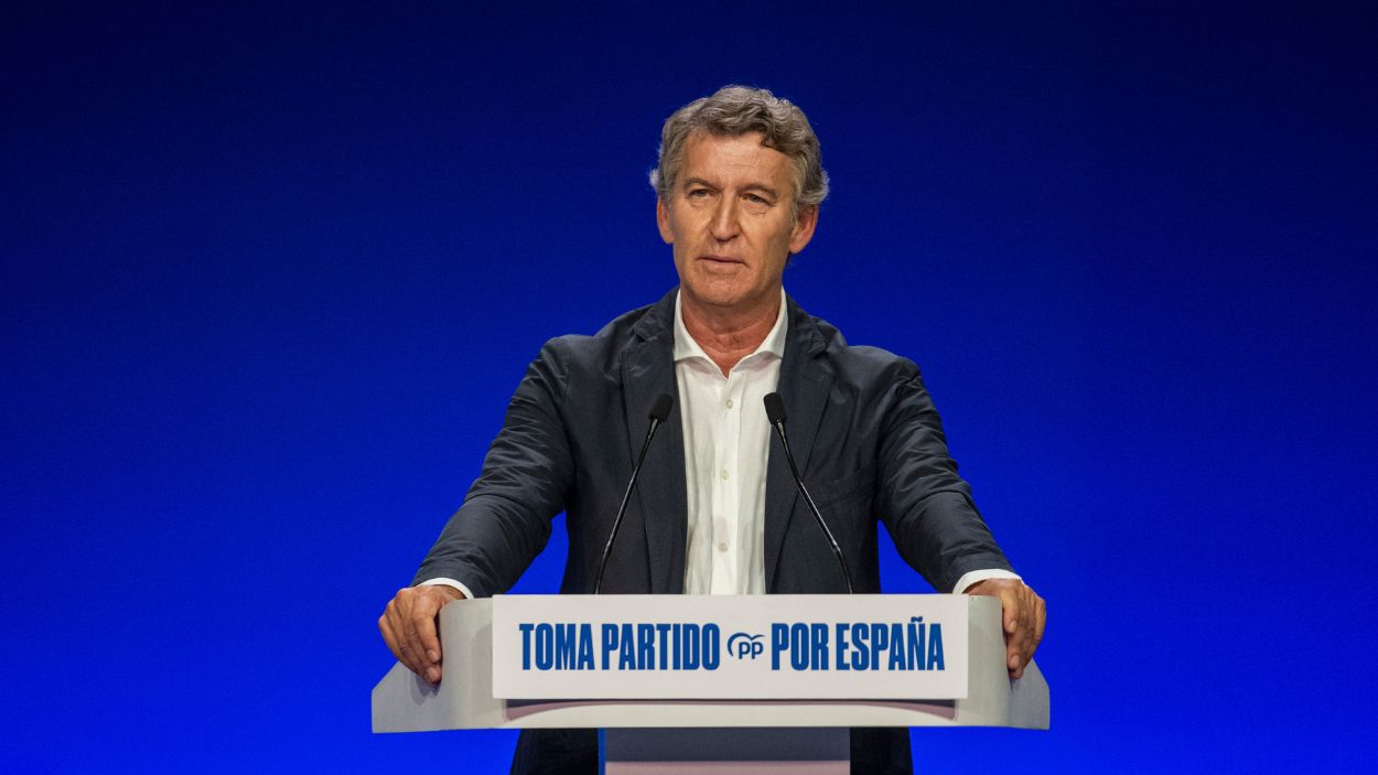 El presidente del PP, Alberto Núñez Feijóo, en la Declaración de Murcia del partido en septiembre de 2025. EP.