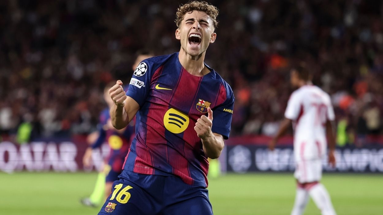 El centrocampista del FC Barcelona, Fermín López, celebrando un gol frente a Olympiacos. EP