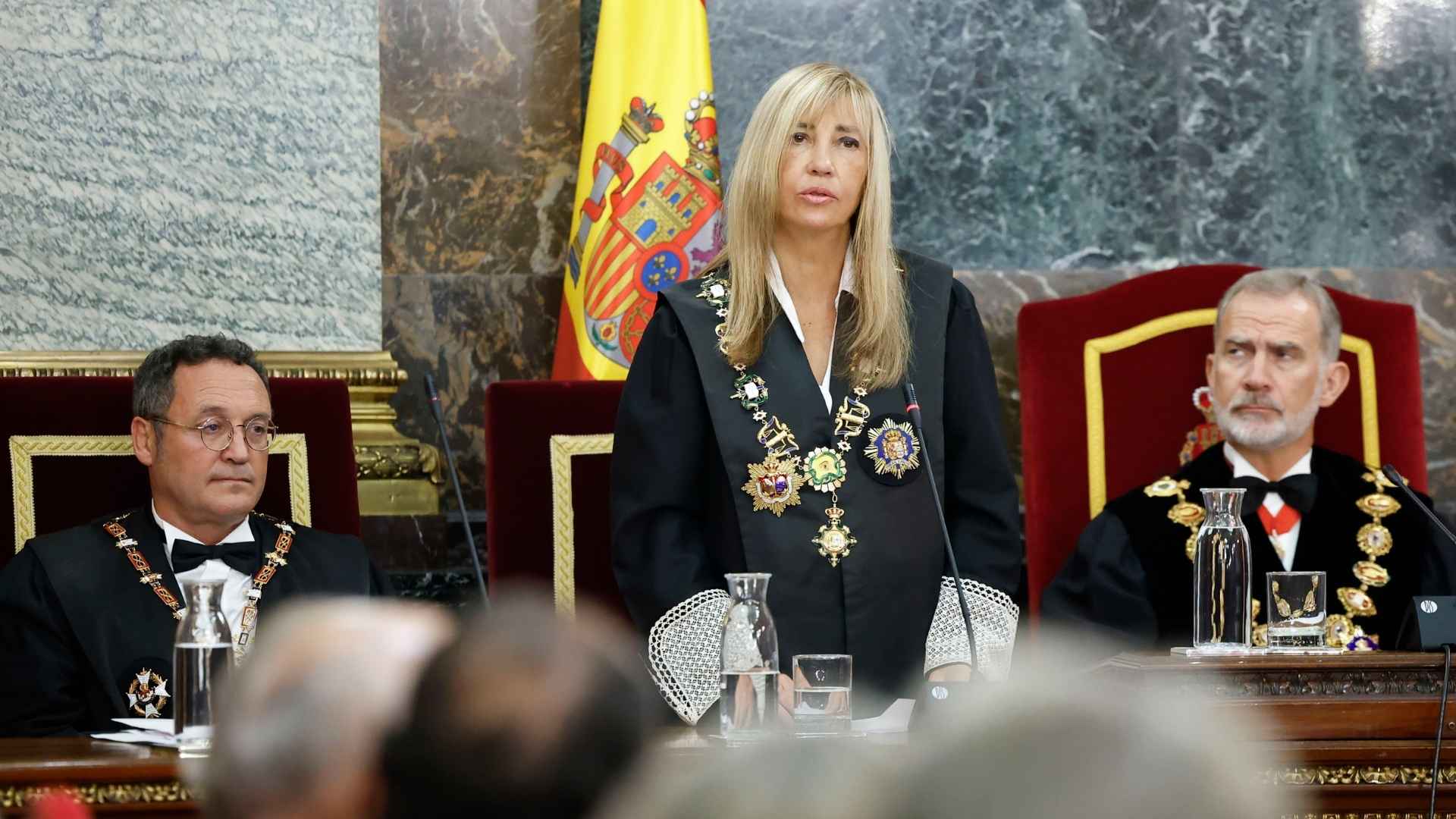 La presidenta del Tribunal Supremo y del Consejo General del Poder Judicial, Isabel Perelló, interviene durante el acto de Apertura del Año Judicial 2025/2026. EP.