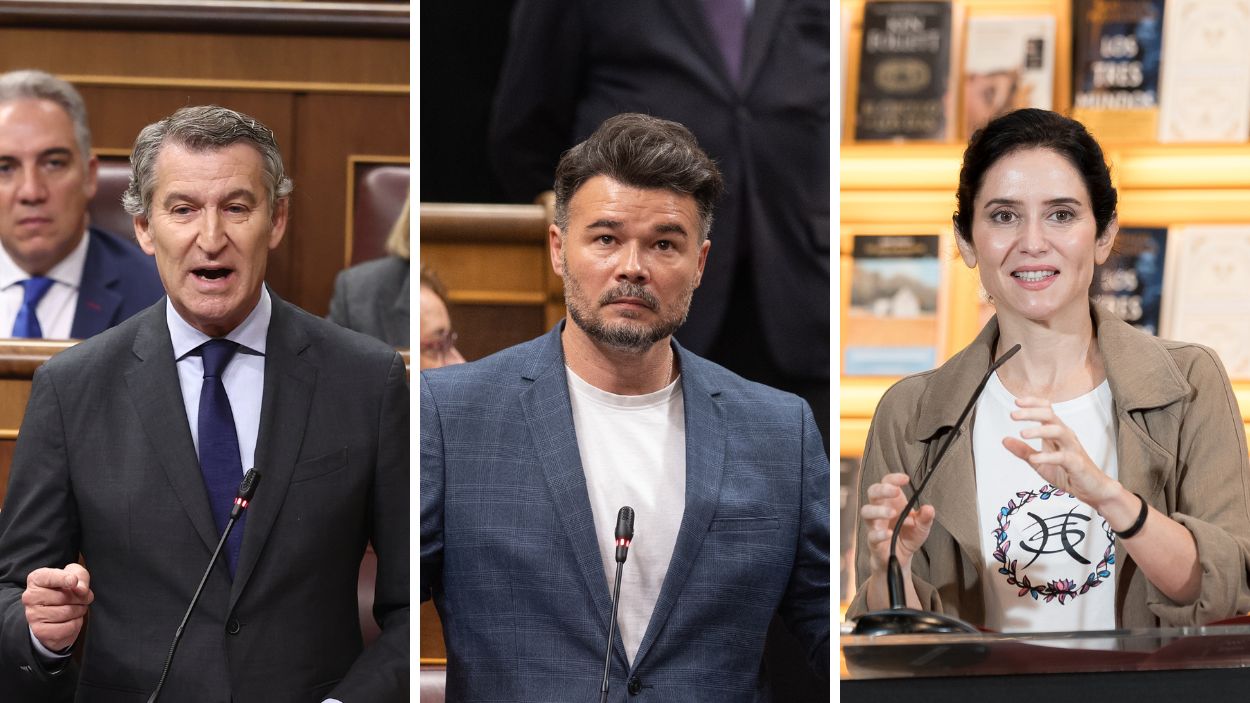 Fotomontaje de Alberto Núñez Feijóo, Gabriel Rufián e Isabel Díaz Ayuso. Elaboración propia.