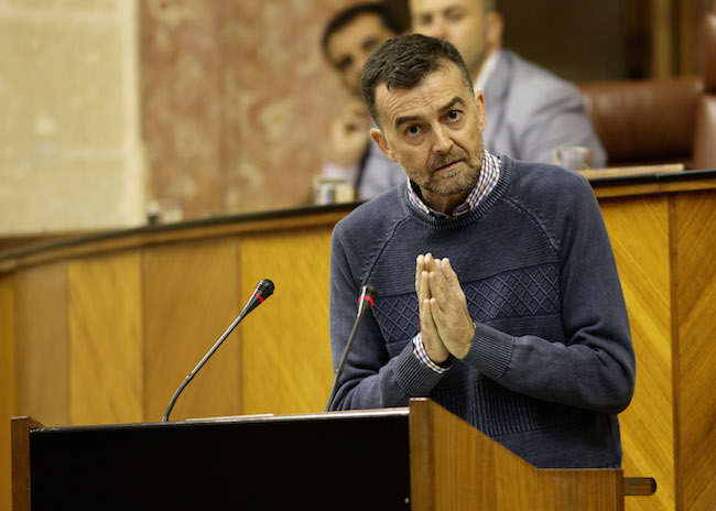 Antonio Maíllo, coordinador regional de IULV-CA, en la tribuna del Parlamento Andaluz.