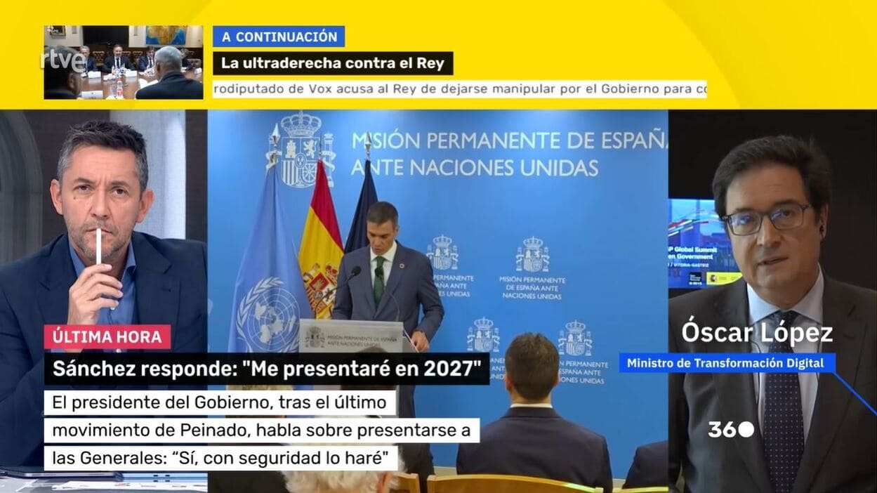 El secretario general del PSOE en Madrid y ministro para la Transformación Digital y de la Función Pública, Óscar López, en 'Mañaneros 360'. RTVE.