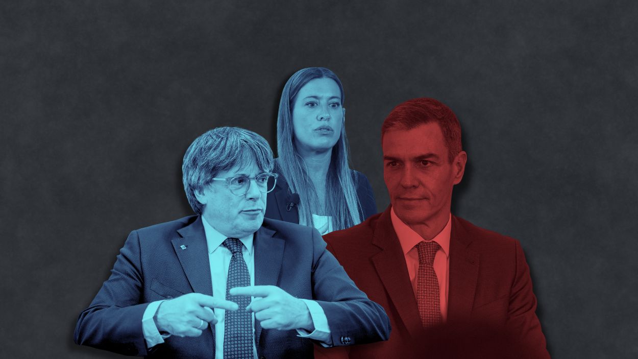 Fotomontaje de Carles Puigdemont, Miriam Nogueras y Pedro Sánchez. Elaboración propia.