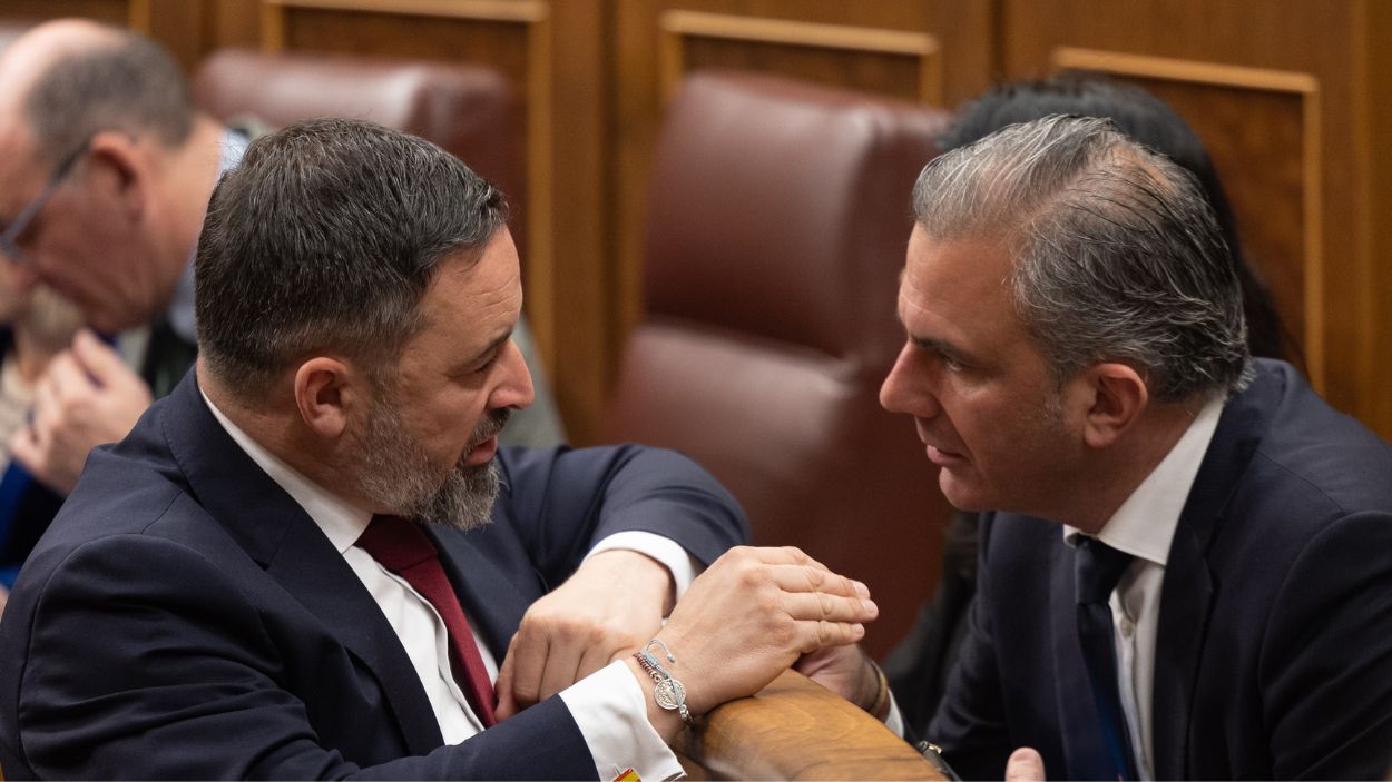 El presidente de Vox, Santiago Abascal, y el diputado Javier Ortega Smith, en el Congreso de los Diputados. EP.