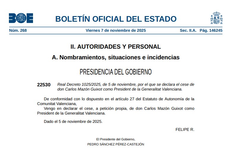 El BOE publica el cese de Carlos Mazón como presidente de la Generalitat. 