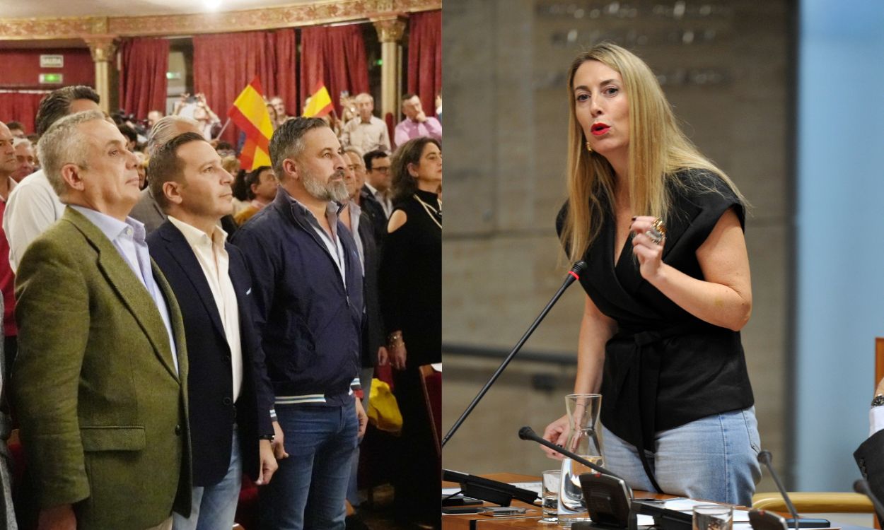 Santiago Abascal en un acto de Vox en Cáceres y María Guardiola durante una intervención